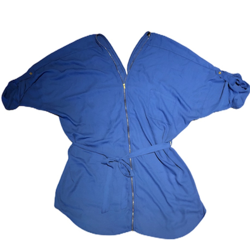 Dressy Blue Zip Up Tunic Belted Pocket Blouse